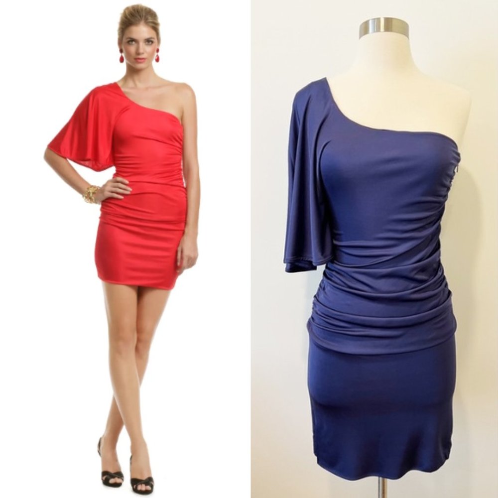 Black Halo Adele Love Dress Flutter One Shoulder Ruched Bodycon Mini Blue-Purple